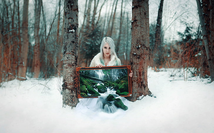 winter, snow, women, digital art, tree, forest, land, plant