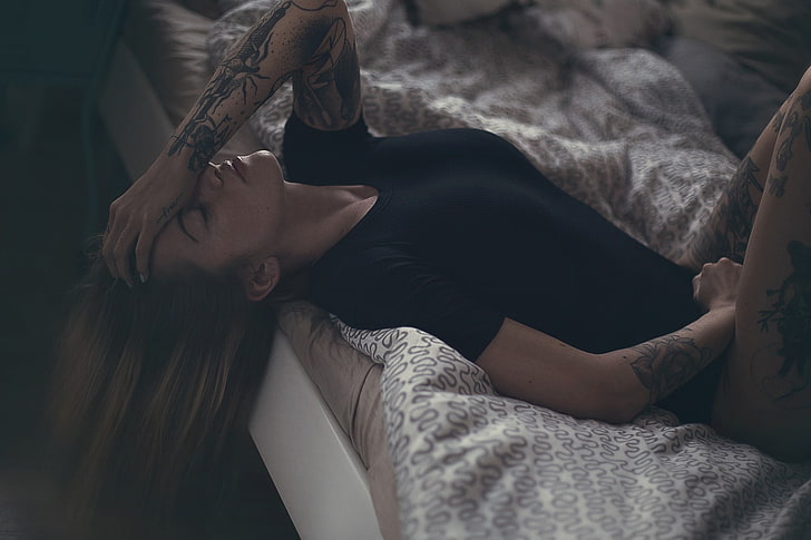 women, blonde, tattoo, black clothing, closed eyes, lying on back, HD wallpaper