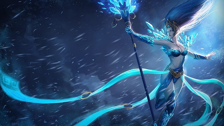 mage video games ice league of legends fantasy art frost janna the storms fury staff splashes Abstract Fantasy HD Art, HD wallpaper