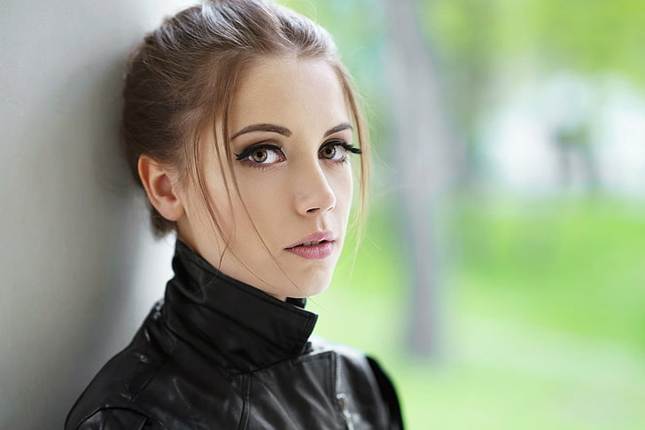 women's black leather zip-up jacket, Ksenia Kokoreva, model, face