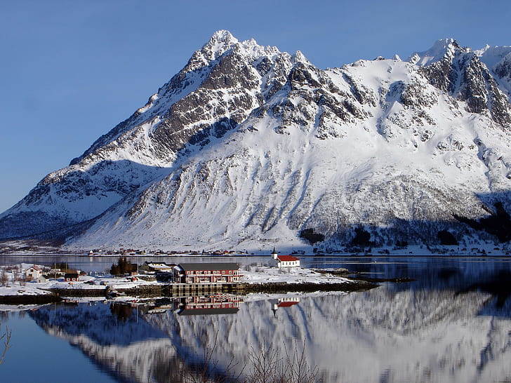 Norway, Lofoten, mountains, snow, winter, bay, house, HD wallpaper
