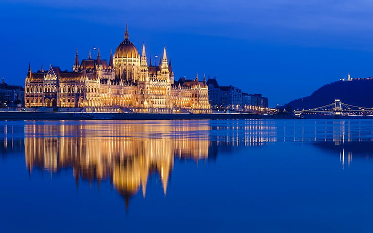 water, Hungarian Parliament Building, river, lights, Hungary, HD wallpaper