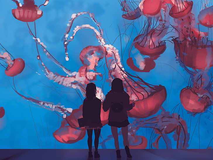 anime girls, artwork, digital art, underwater, sea, women, nature, HD wallpaper