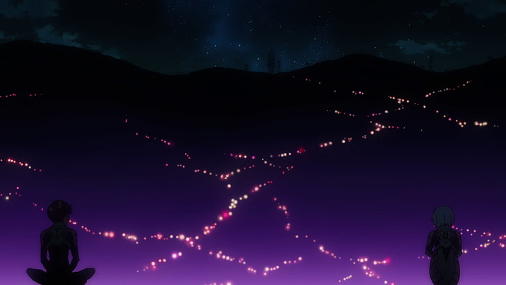 Neon Genesis Evangelion, Ikari Shinji, Ayanami Rei, night, silhouette