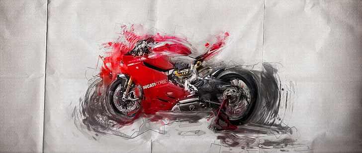 black and red sports bike illustration, Ducati, motorcycle, paper, HD wallpaper