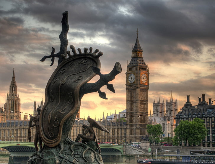 England, Big Ben, clocktowers, sculpture, melting, clocks, city, HD wallpaper