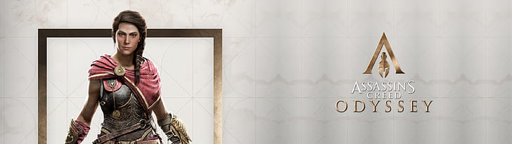 Assassins Creed: Odyssey, dual monitors, Kassandra, logotype, HD wallpaper