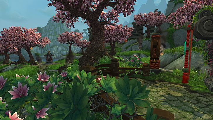 pink trees and flowers fantasy wallpaper, World of Warcraft, World of Warcraft: Mists of Pandaria
