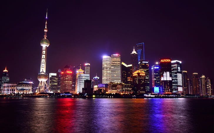 China, Shanghai, night city, metropolis, lights, skyscrapers, river, HD wallpaper