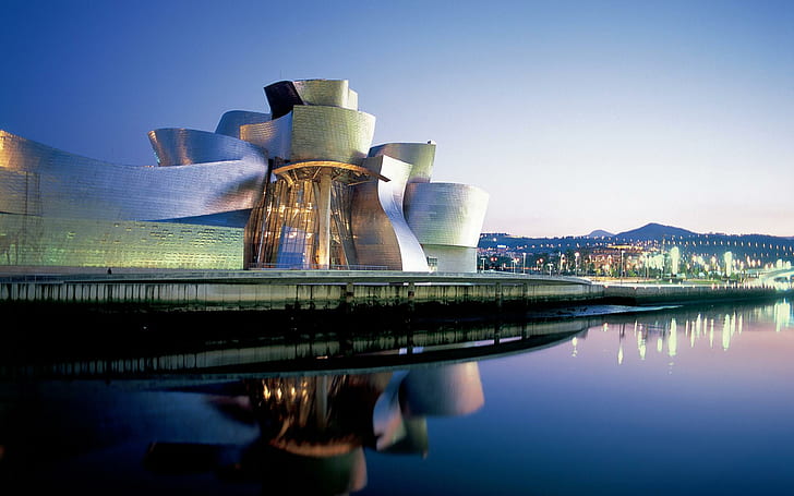 Guggenheim Museum Bilbao Spain, white concrete building, travel and world