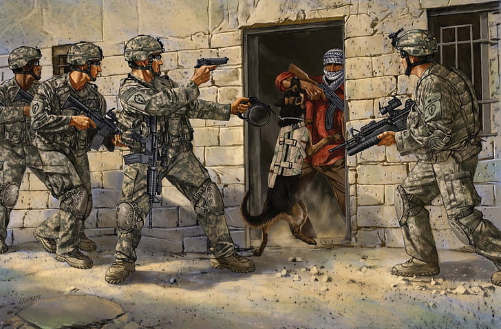 soldiers illustration, weapons, figure, dog, art, capture, action