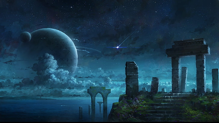 photo of planets, anime, artwork, fantasy art, sky, architecture