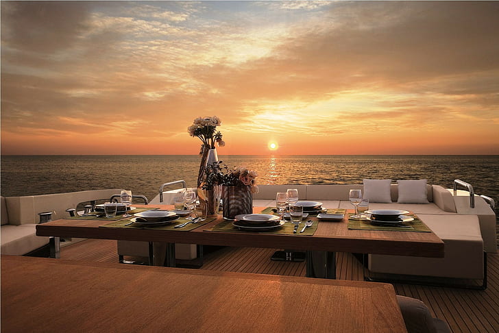 sea, Sun, yachts, food and drink, sunset, table, sky, setting