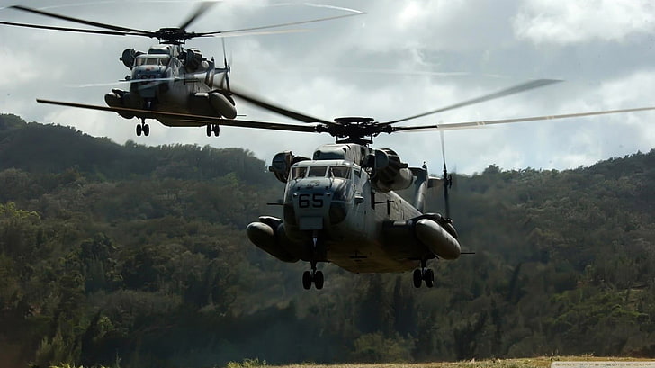 two grey and black helicopters, CH-53 Sea Stallion, aircraft