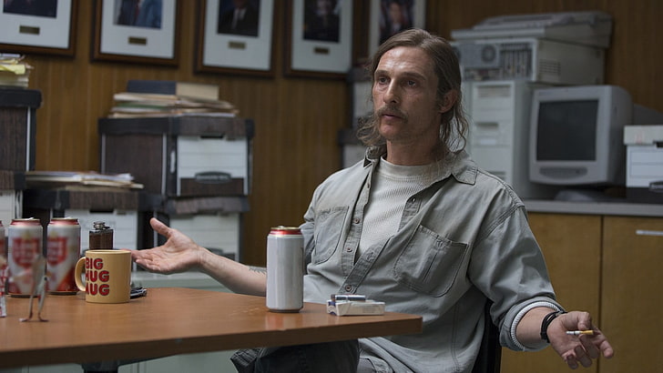 men's gray dress shirt, True Detective, Matthew McConaughey, drink