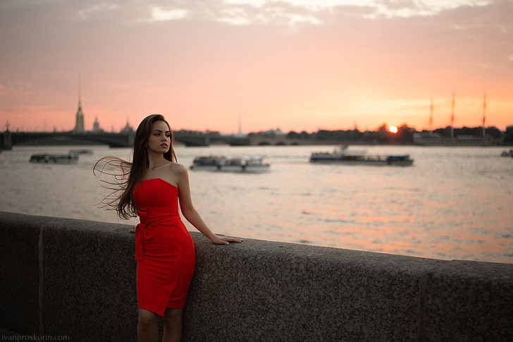 women, red dress, portrait, sunset, long hair, women outdoors, HD wallpaper