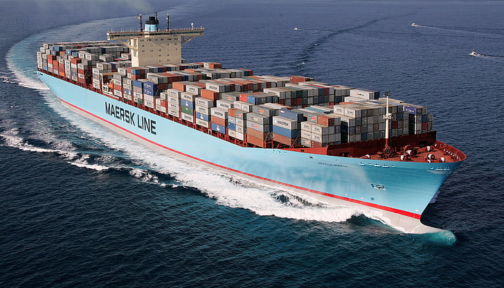 blue cargo ship, Sea, Day, The ship, A container ship, Tank, Maersk Line