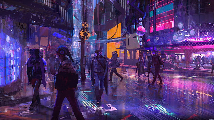 synthwave, futuristic, 00111 (Artist), cyber, neon, dark, purple background, HD wallpaper