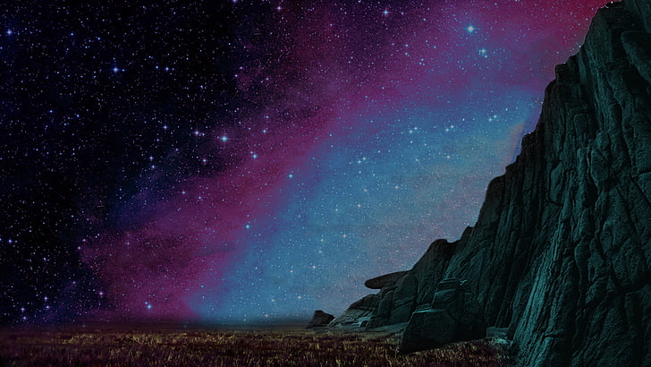 rock cliff illustration, nature, stars, sky, universe, star - space, HD wallpaper