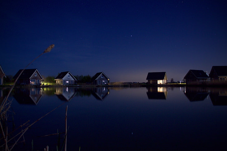 lake, water, starry night, sky, reflection, star - space, illuminated