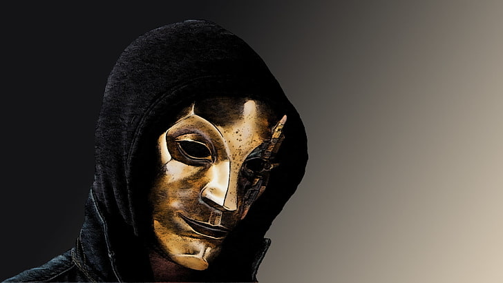 gold mask, yellow, artwork, Mystique, face, white, black, Hollywod Undead