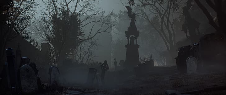 Vampyr, video game art, Gothic, dark, mist, London, city, cemetery