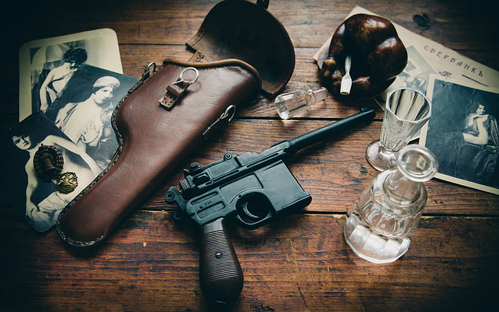 black gun and brown holster, weapons, table, Photo, ashtray, glasses