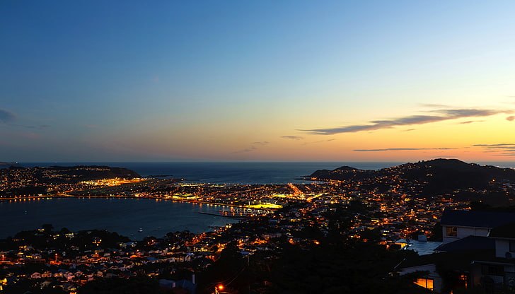 sea, night, lights, coast, home, New Zealand, panorama, Wellington