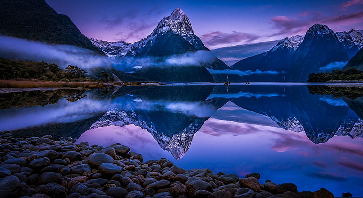 landscape, fjord, mist, nature, morning, water, New Zealand, HD wallpaper