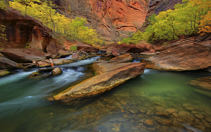 Mountain River, Clear Green Water Riverbed With Red Rocks, Trees With Green Leaves Zion National Park U.s. National Park Service