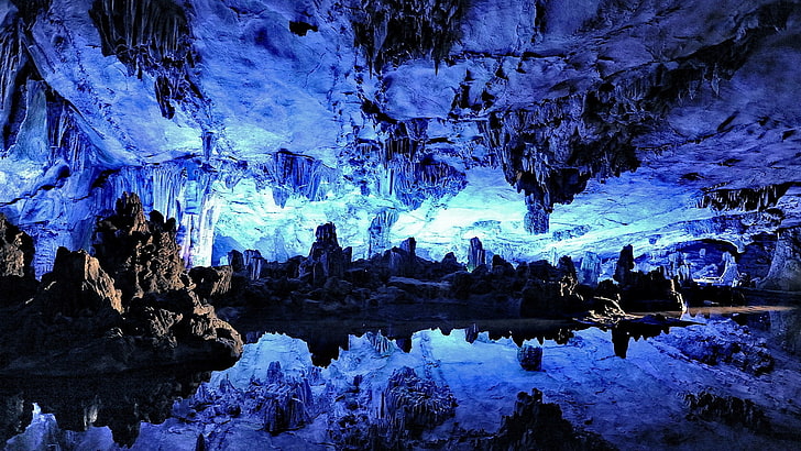 Beautiful Blue Deep Blue Cave Nature Other HD Art, dark, Reflective, HD wallpaper
