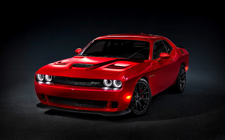 red Dodge Challenger coupe, Hellcat, SRT, 2014, mode of transportation, HD wallpaper