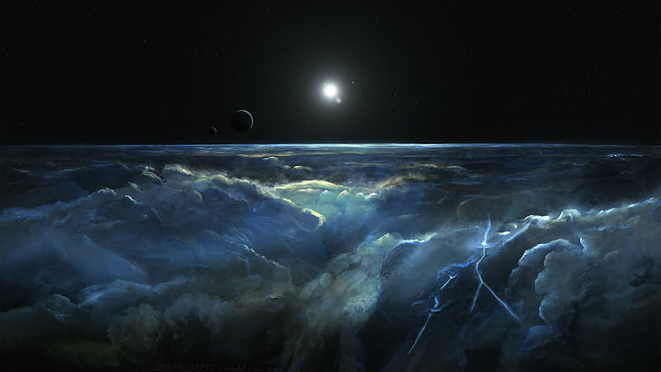 clouds and and lightning illustration, digital art, space art
