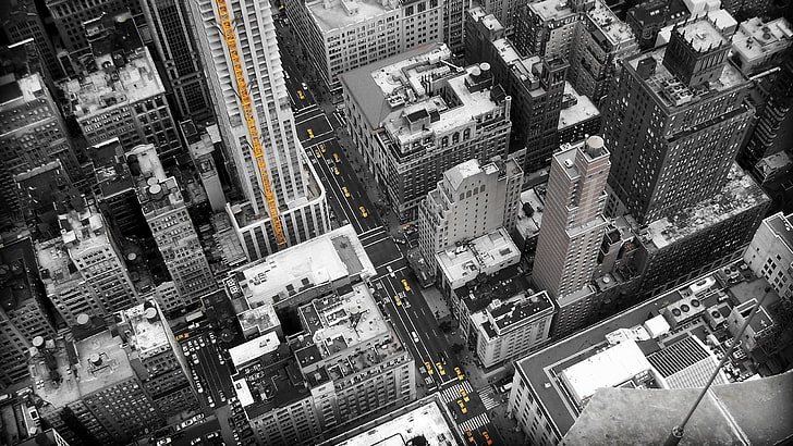 highrise buildings, city, aerial view, cityscape, selective coloring, HD wallpaper