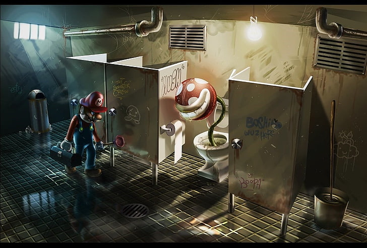 digital art, plumber, Super Mario, toilets, toilet paper, food and drink, HD wallpaper