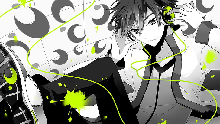 boy with green corded headphone anime character illustration, HD wallpaper