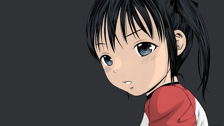 black haired red and white shirt female anime character, anime girls