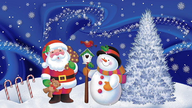 Santa Claus and Snowman illustration, snowflakes, mood, holiday, HD wallpaper