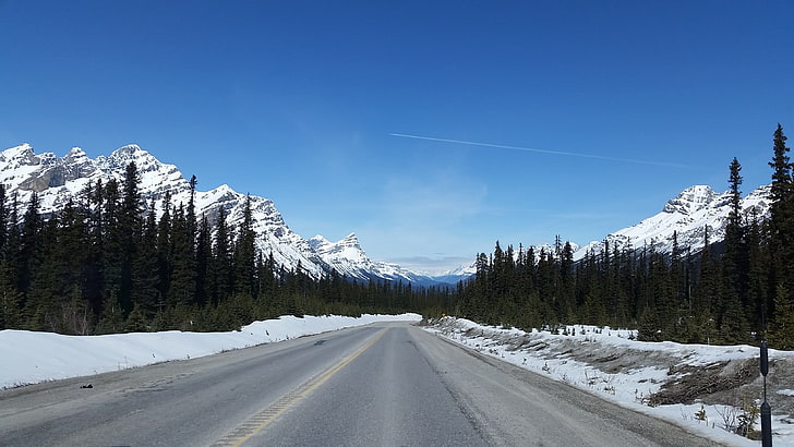 rocky mountain with snow, highway, icefields parkway, alberta, HD wallpaper