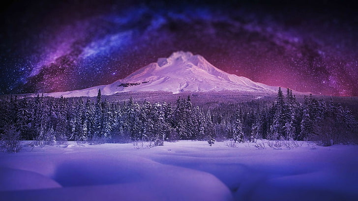 nature, purple, milky way, sky, snow, winter, stars, starry sky, HD wallpaper