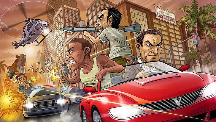red car illustration, weapons, the bandits, Chase, police, art, HD wallpaper