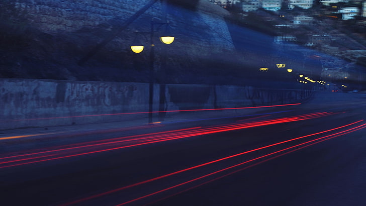 traffic, long exposure, illuminated, transportation, street, HD wallpaper