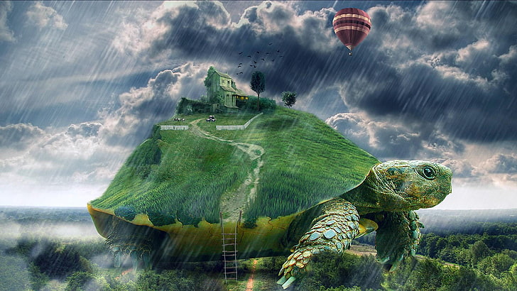 turtle, dreamland, rain, air balloon, fantasy art, cloudy, raining