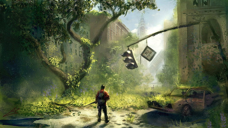 man standing in front of tree digital wallpaper, artwork, apocalyptic, HD wallpaper