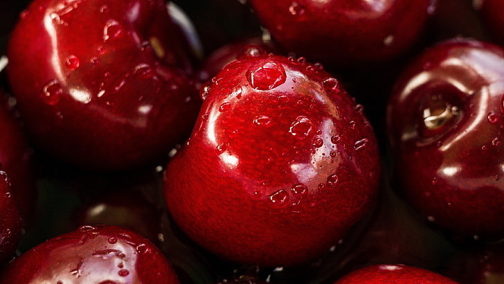 red, fruit, cherries, macro, water drops, food and drink, healthy eating