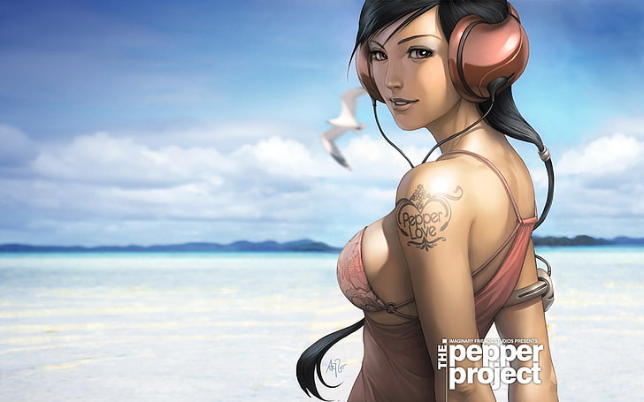 beach headphones girl dark hair pepper project 1680x1050  Nature Beaches HD Art