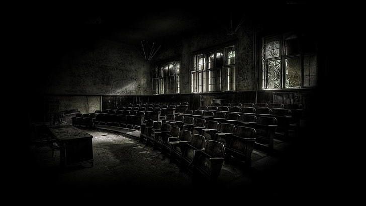 ruins, abandoned, in a row, indoors, seat, architecture, dark