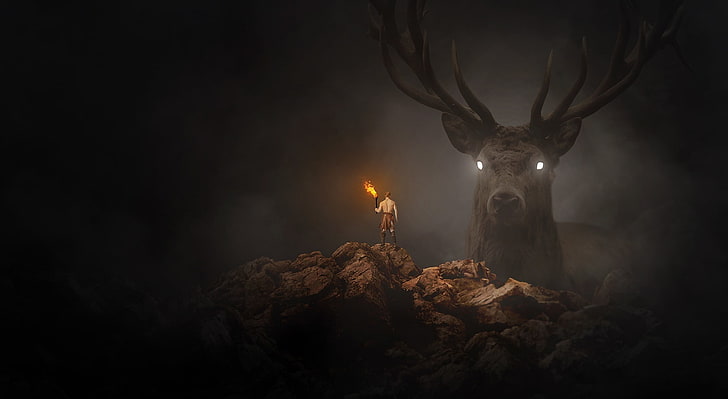 Fantasy, man holding torch in front of deer wallpaper, Aero, Creative