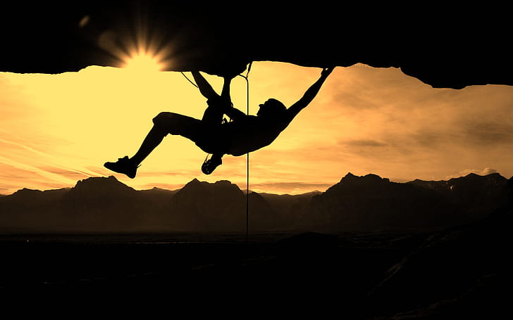 Climb Climbing Sunlight Silhouette Person HD, silhouette of man climbing rock mountain, HD wallpaper