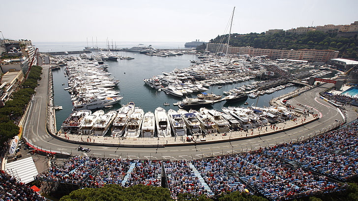 aerial photo of docked motorboats, Monaco, Formula 1, race tracks